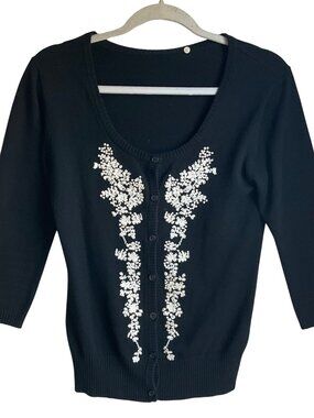 Nick & Mo Small Cardigan Black Sweater ditsy floral embroidered Y2K Fairy Whimsy